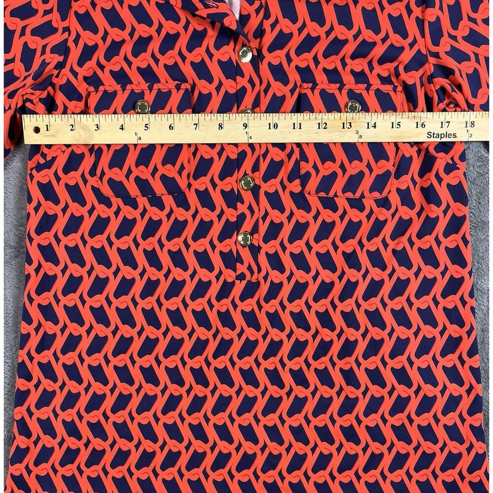 Elizabeth McKay Pull Over Red Blue Top Size L Gold Tone Buttons 3/4 Sleeve - Picture 7 of 8